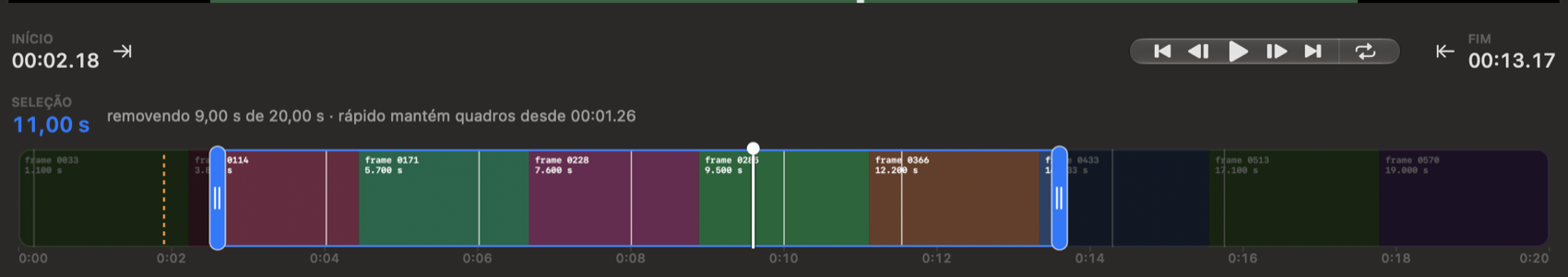 Línea de tiempo de Quick Cutter con la selección destacada y el marcador de keyframe